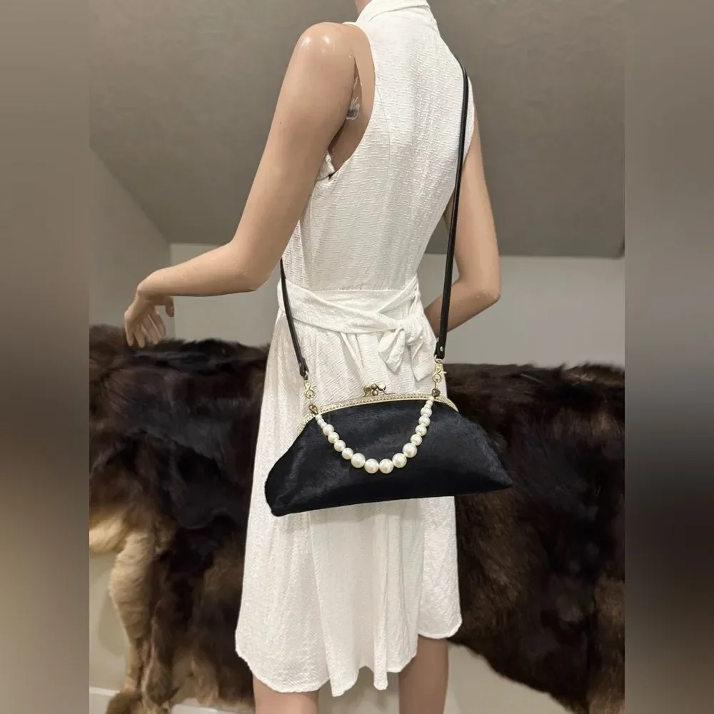 Black Real Hair-on-horsehide Handsewn Double Kiss-lock Clutch Bag/Crossbody